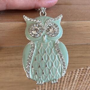 Sparkly Silver and Green Owl Pendant Necklace